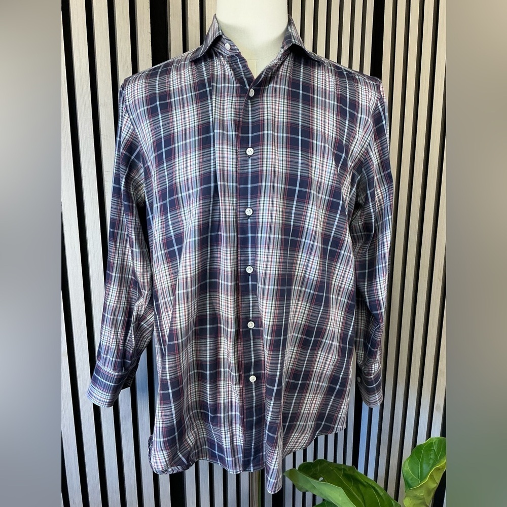 Men’s Peter Millar 100% Cotton Blue/Burgandy Button Down Long Sleeve Shirt Sz M